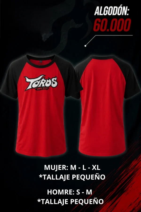 Camiseta de algodón manga raglán roja con mangas negras y logo de Toros del Valle 2026