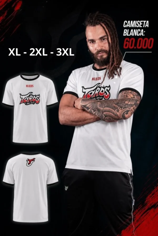 Camiseta blanca oficial de Toros del Valle con el logo del club, disponible en tallas XL a 3XL