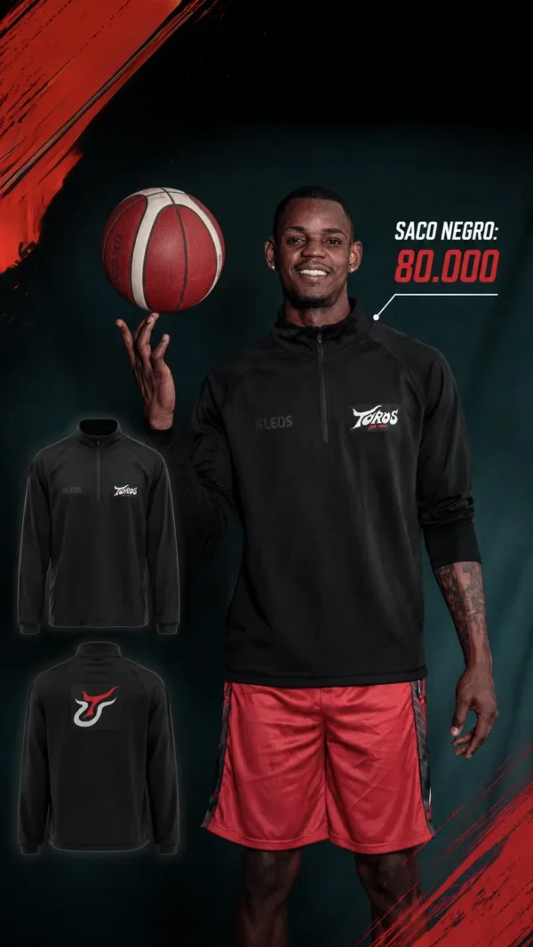 Saco deportivo negro con media cremallera de Toros del Valle y marca KLEOS al pecho